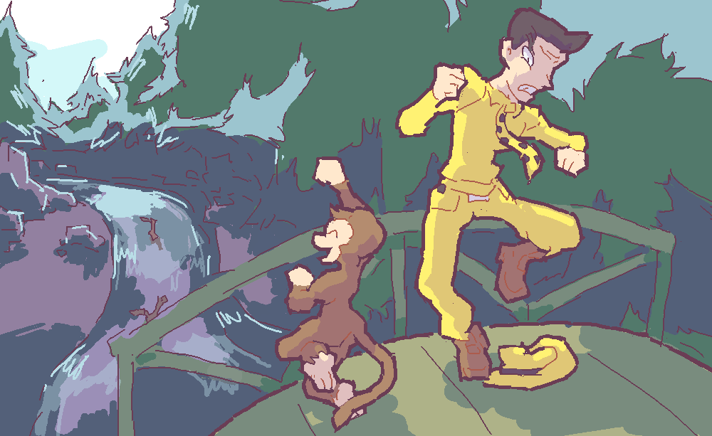 MitYH and Curious George playing Pooh Sticks