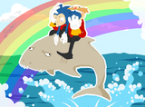 robotnik riding a shark while eating sonic