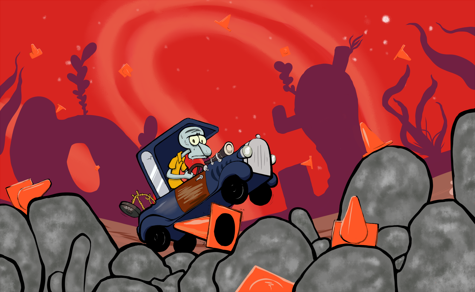 Squidward in Cone and Rock Hell