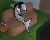 Age Chrisg as a shark wearing two afterglow headsets